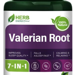 HERBENENERGYflow Valerian Root Powder Capsules, 7-in-1 Herbal Formula with Passion Flower & Chamomile, Plant-Based Capsules, Easy-to-Take Daily Herbal Blend, 90 Count.