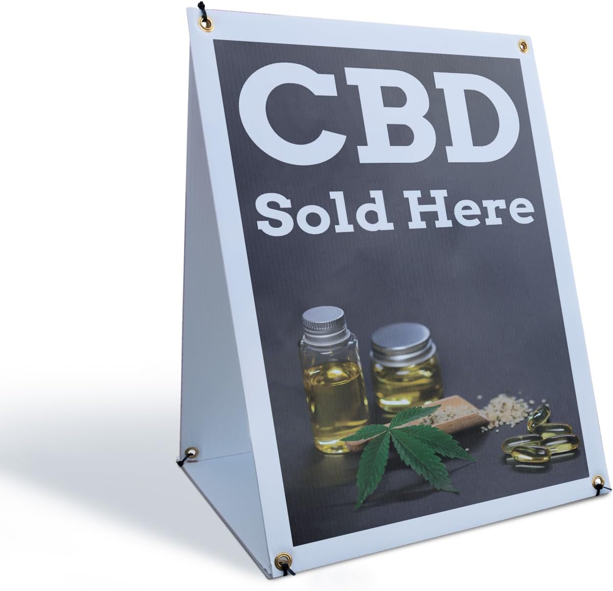 CBD Sold Here Sidewalk Sign 18 Inch x 24 Inch A-Frame Images On Both Sides | Herbal Remedies, Stress Relief, Natural Wellness | Made in USA