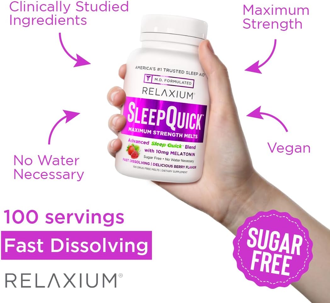 Relaxium Sleep Quick Maximum Strength Melts, Fast Acting Sleep Aid with 10 mg Melatonin, Drug Free Dietary Supplement, Vegan, Gluten Free, Made in USA, 100 Servings, Berry Flavor - Image 5