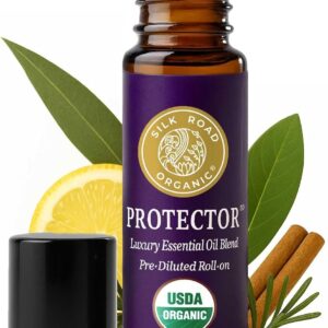 Silk Road Organic Protector Essential Oil Immunity Blend Roll On, Purifying Thieves Oil Formula, 100% Pure USDA Certified Clove Bud, Cinnamon Bark, Rosemary, Lemon, Eucalyptus - 10 ml Roller