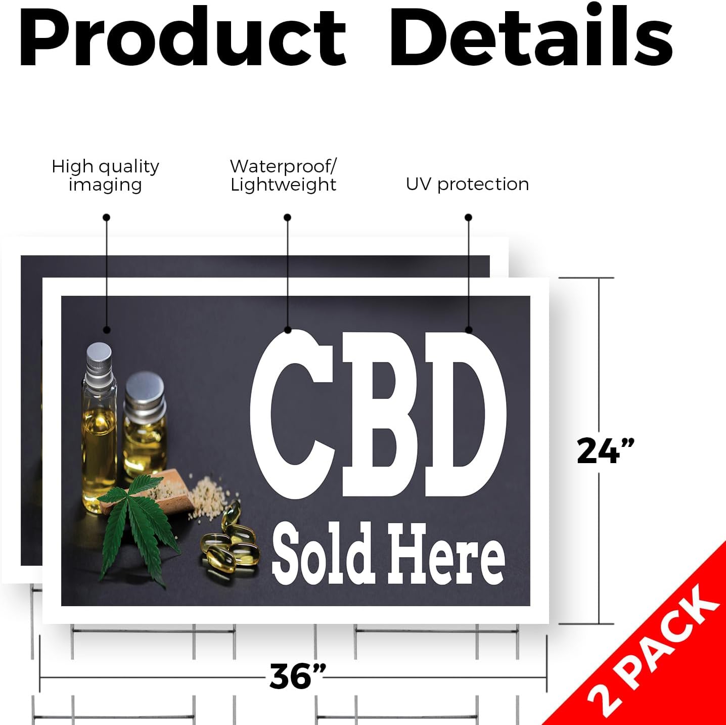 CBD Sold Here Yard Sign 2 Pack of 24 Inch x 36 Inch Double Sided Weatherproof Heavy-Duty Plastic with Stake | Herbal Remedies, Stress Relief, Natural Wellness | Made in USA - Image 2