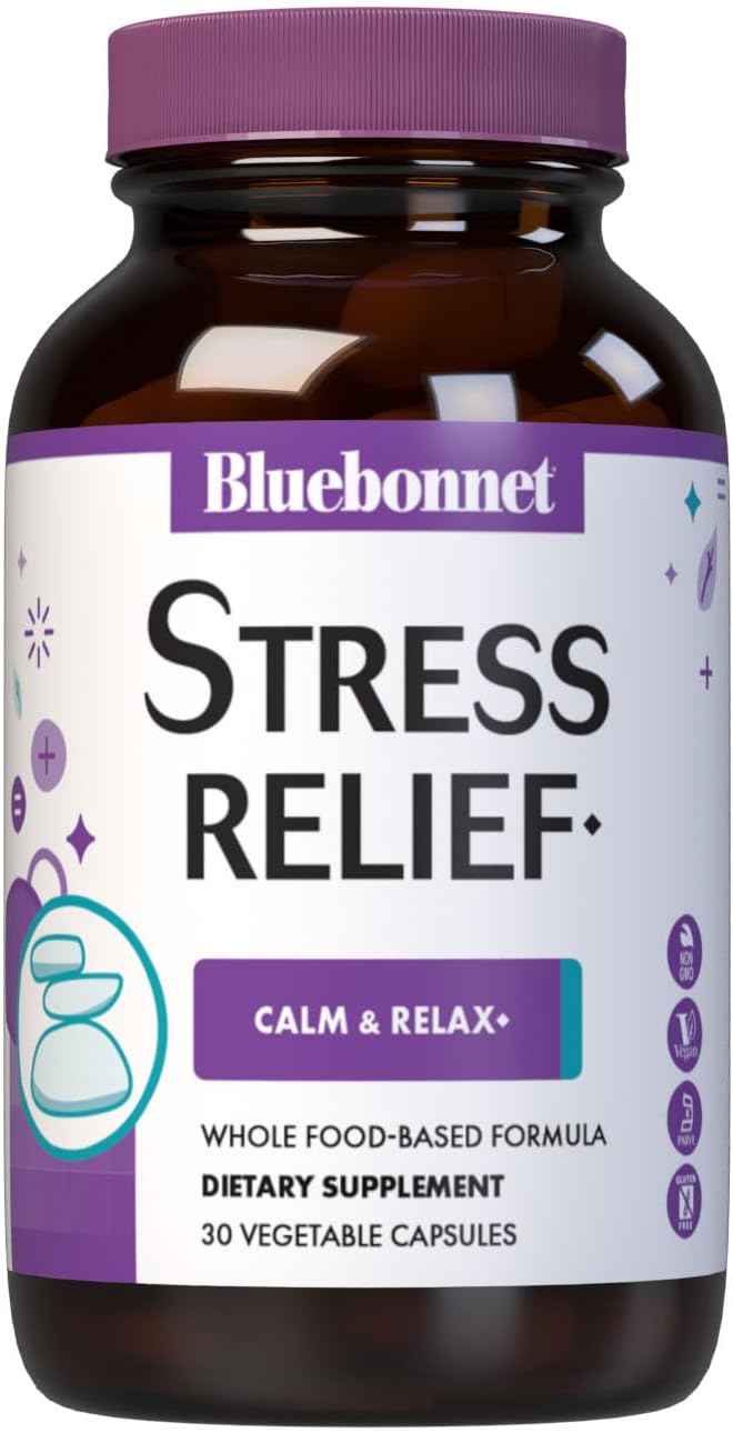 Bluebonnet Nutrition Stress Relief, Calm & Relax*, Calming Whole Food-Based Formula, Non-GMO, Vegan, Kosher-Certified, Gluten-Free, Soy-Free, Dairy-Free, 30 Vegetable Capsules, 30 Servings