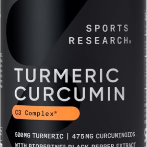 Sports Research® Turmeric Curcumin C3 Complex® w/BioPerine Black Pepper Extract & Organic Coconut Oil - Standardized 95% Curcuminoids · Non-GMO · Gluten Free - 120 Count Softgels