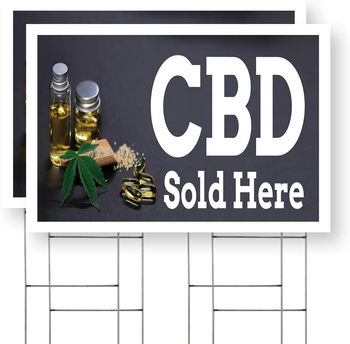 CBD Sold Here Yard Sign 2 Pack of 24 Inch x 36 Inch Double Sided Weatherproof Heavy-Duty Plastic with Stake | Herbal Remedies, Stress Relief, Natural Wellness | Made in USA