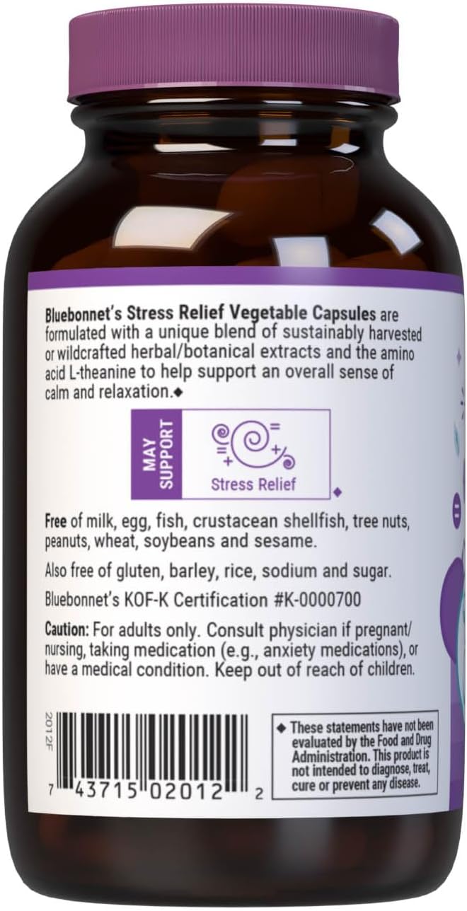 Bluebonnet Nutrition Stress Relief, Calm & Relax*, Calming Whole Food-Based Formula, Non-GMO, Vegan, Kosher-Certified, Gluten-Free, Soy-Free, Dairy-Free, 30 Vegetable Capsules, 30 Servings - Image 4