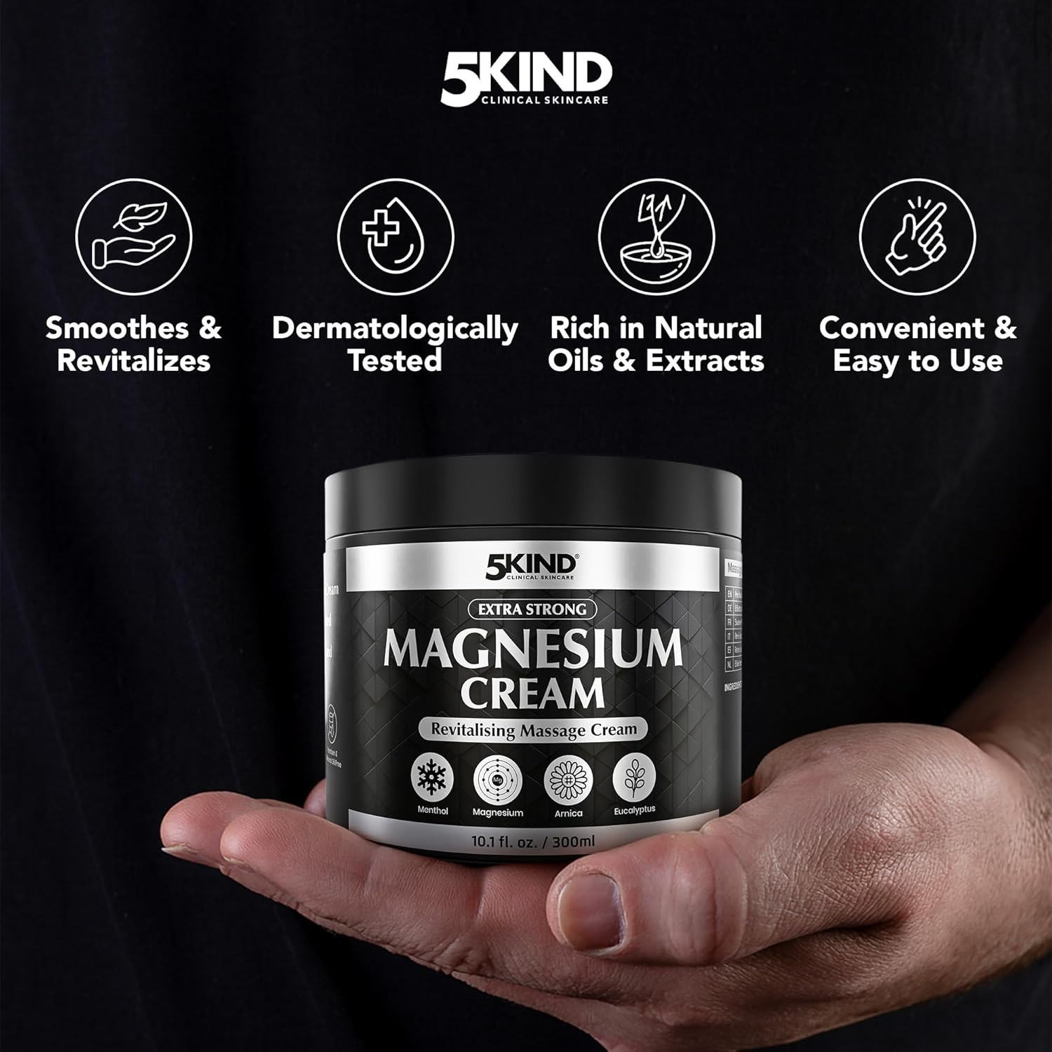 5Kind Extra Strong Magnesium Cream 10.1 fl oz - Neuropathy Nerve Relief Cream - Lotion for Restless Legs - Magnesium Rub Infused with Arnica, Eucalyptus, Comfrey, Menthol & Hemp Oil - Image 3