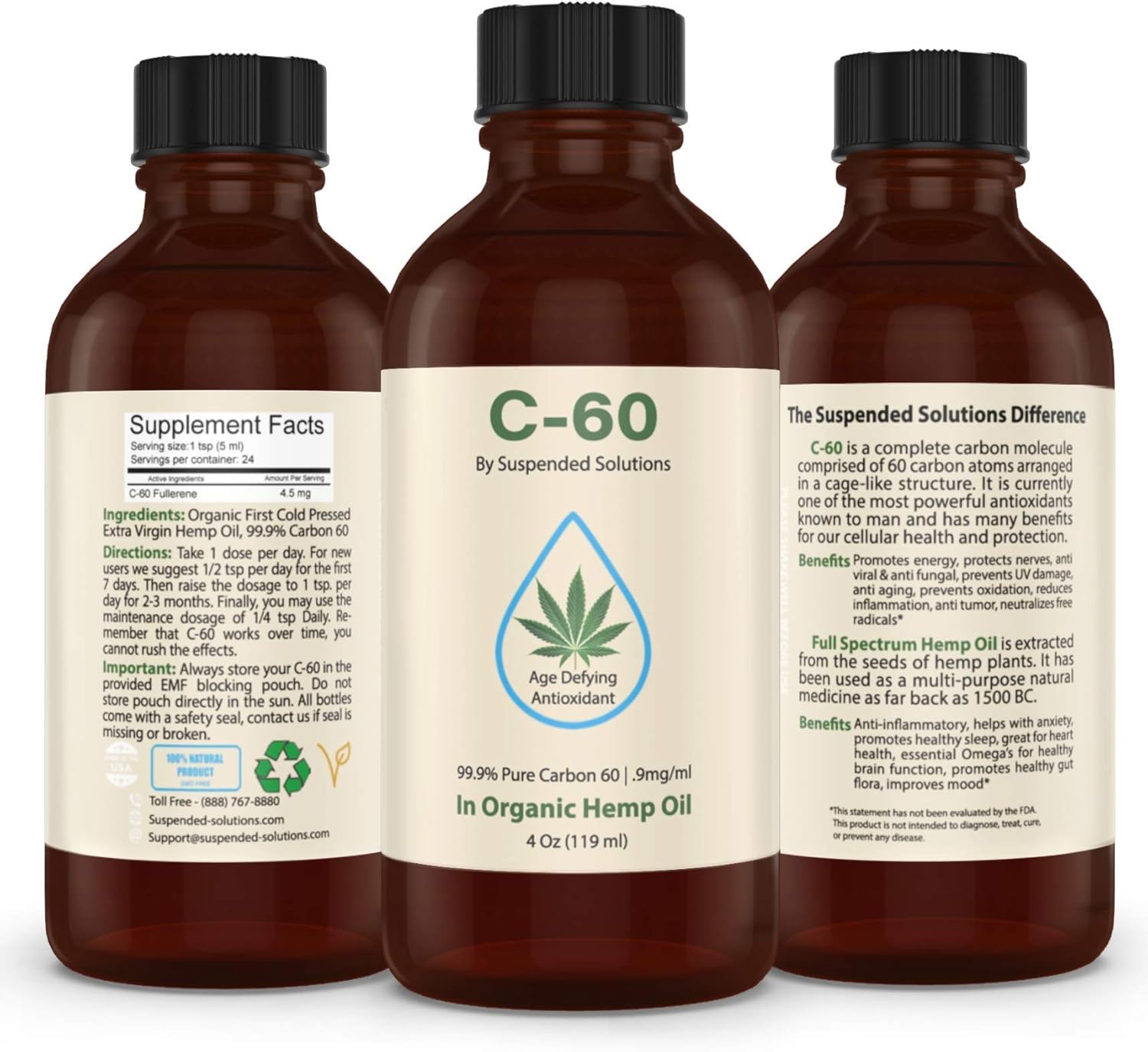 Carbon 60 C60 in Hemp Oil – 4oz Glass Bottle, 108mg Pure C60, 99.9% Solvent Free, Organic Extra Virgin Hemp, Antioxidant Supplement - Image 3