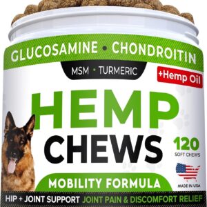 Glucosamine for Dogs w/Chondroitin - Hip & Joint Supplement for Dogs w/Omega-3 Fish Oil - Chondroitin MSM - Advanced Mobility Chews - Joint Pain Relief - Hip & Joint Care - Made in USA (120Ct)