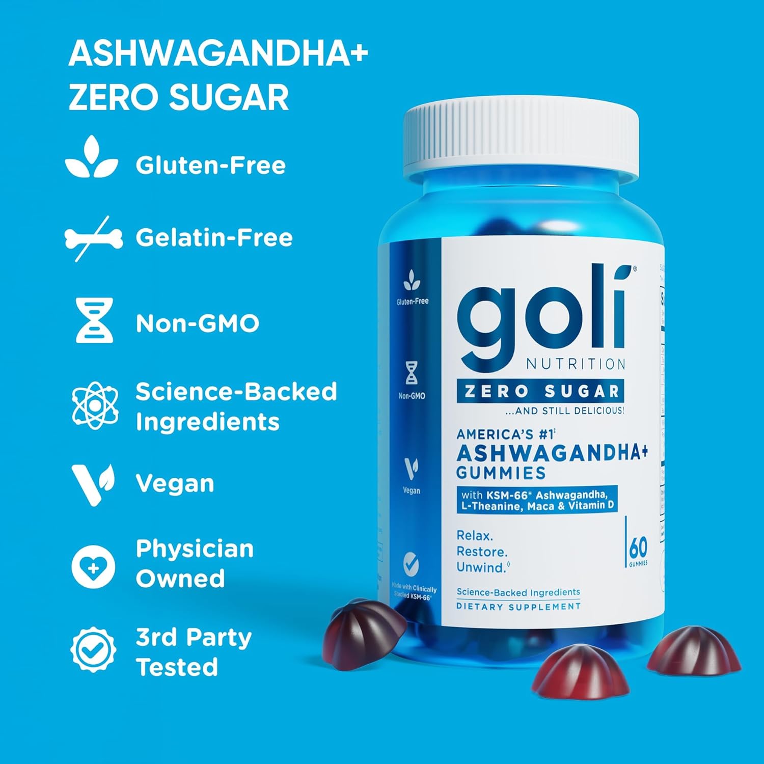 Goli Zero Sugar Ashwagandha & Vitamin D, Maca, L-Theanine Gummies, No Artificial Sweeteners, No Sugar Alcohols. Mixed Berry, KSM-66, Vegan, Plant Based, Non-GMO, Gluten-Free & Gelatin Free. (1) - Image 2