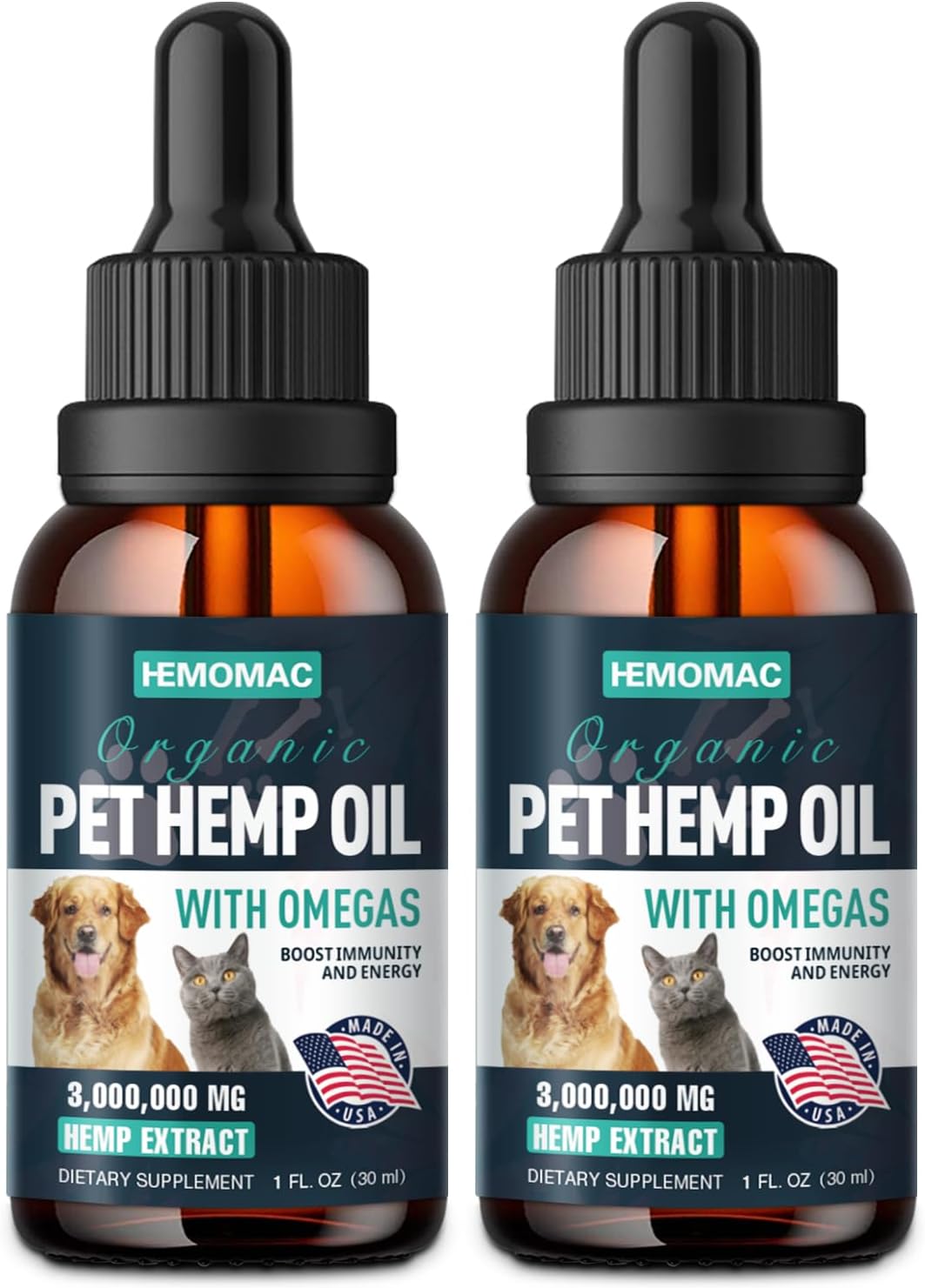 Hemp Oil for Dogs & Cats - Hip Joints Support Gluten Free Non-GMO 2-Pack