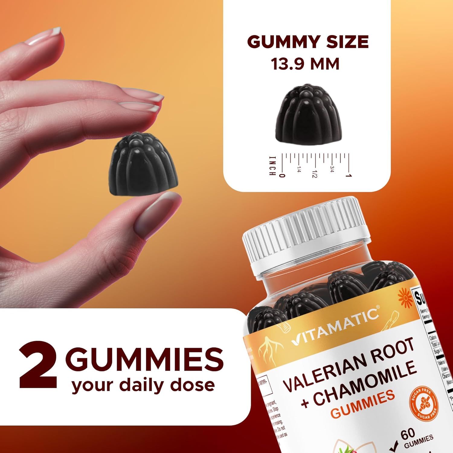 Vitamatic Valerian Root & Chamomile Gummies – Plant-Based Botanical Extract – Mixed Berry Flavor – Vegan, Non-GMO, Gluten-Free – Herbal Supplement – 60 Count - Image 3