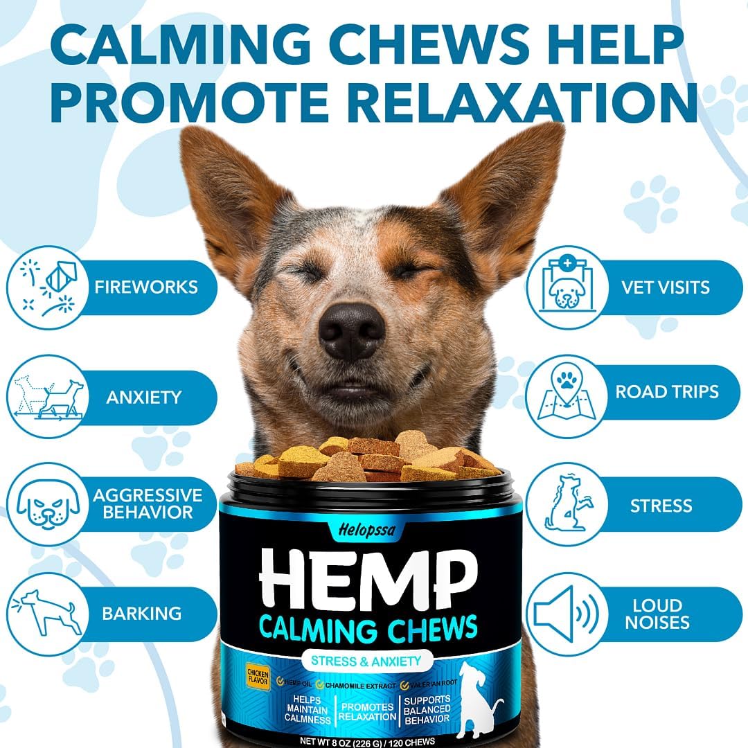 Hemp Calming Chews for Dogs with Anxiety and Stress - Anxiety Relief Chews for Storms, Fireworks, Thunder, Barking, Separation - Valerian, L-Tryptophan, Hemp Oil - Chicken - 120 Dog Calming Treats - Image 2