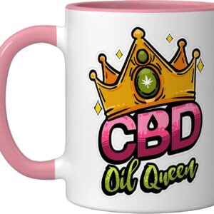 CBD Oil Queen Funny Cannabidiol Dealer Hemp Oil Women Gift Ceramic Mug, Pink/White