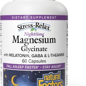 Natural Factors Stress-Relax Nighttime Magnesium Glycinate - Well-Absorbed Magnesium with L-Theanine, Melatonin & PharmaGABA for Restful Sleep & Nervous System Support - 60 Capsules (30 Servings)