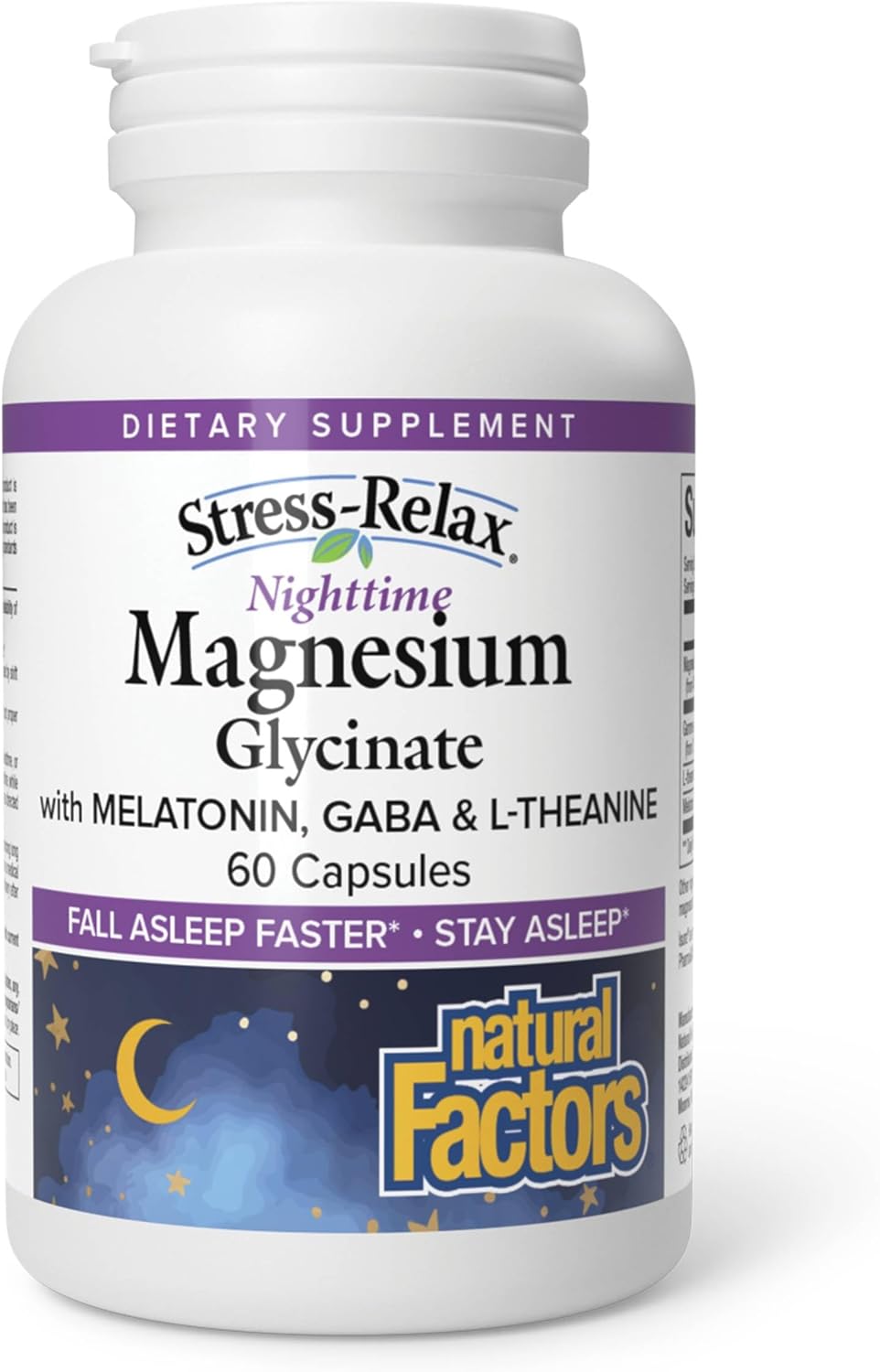 Natural Factors Stress-Relax Nighttime Magnesium Glycinate - Well-Absorbed Magnesium with L-Theanine, Melatonin & PharmaGABA for Restful Sleep & Nervous System Support - 60 Capsules (30 Servings)