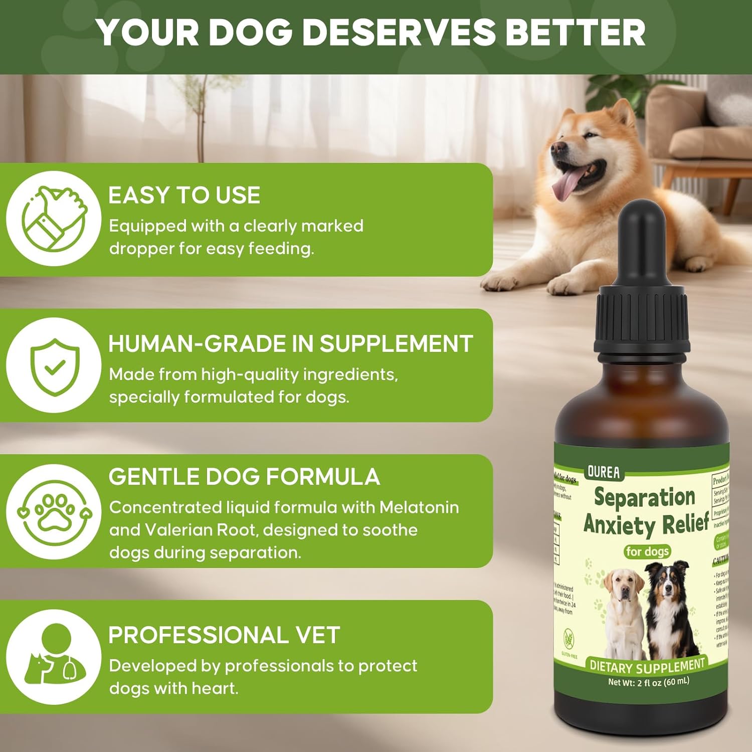 Ourea Separation Anxiety Relief for Dogs, Calming Care for Dogs, Helps Relieve Anxiety During Separation, Valerian Root for Anxiety Drops, Easy to Use (2 fl oz) - Image 6
