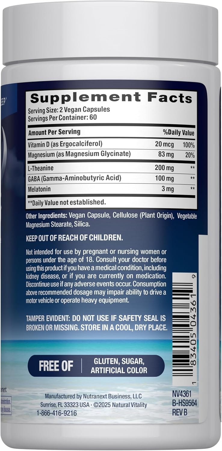 Natural Vitality Calm Sleep Capsules | Magnesium with Melatonin, L-Theanine & GABA Supplement | for a Good Night's Sleep | Non-GMO, Gluten Free & Vegan | 120 Count - Image 2