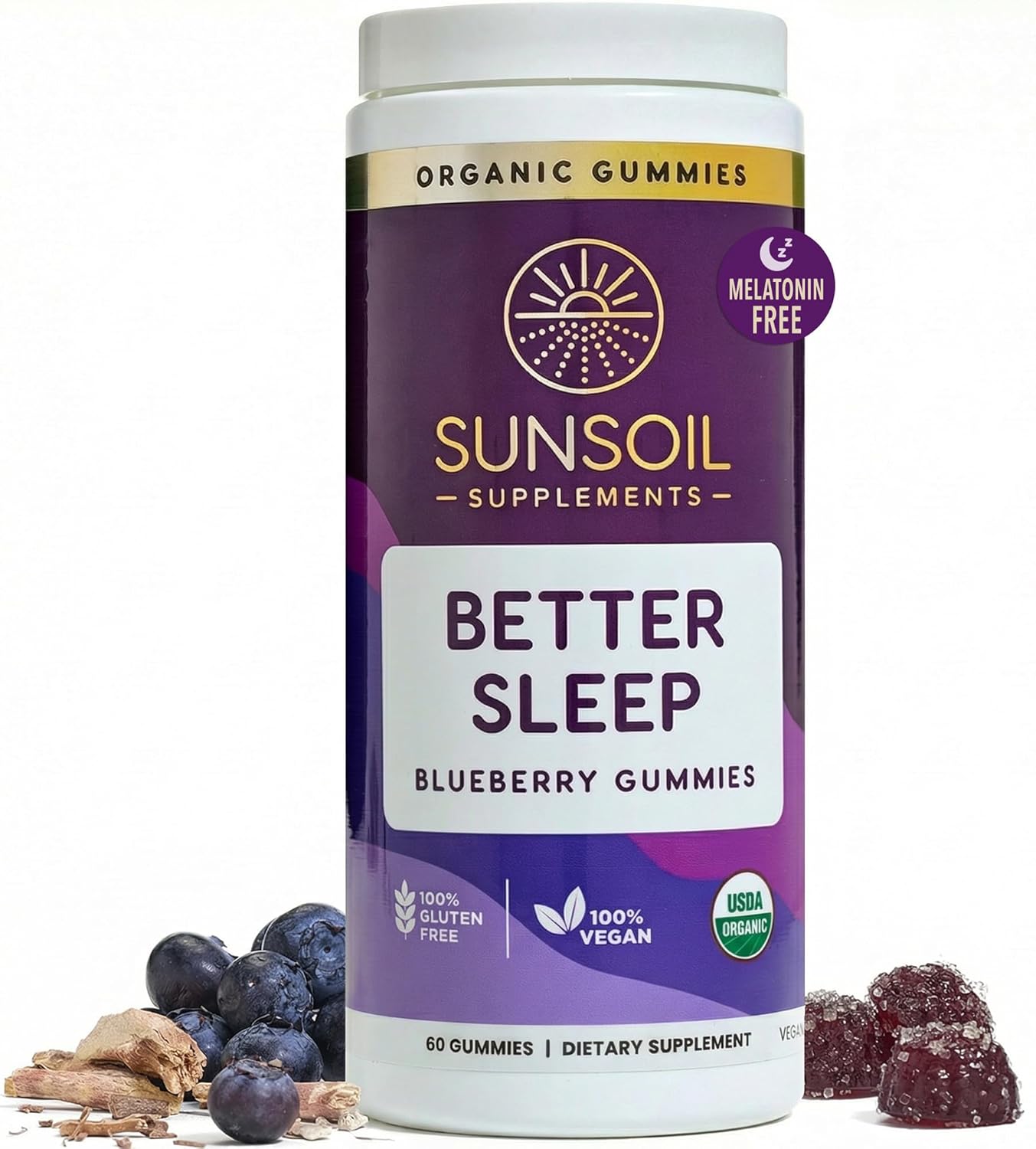 Sunsoil Better Sleep Organic Gummies, No Melatonin, Ashwagandha, USDA Certified Organic, Vegan, Gluten-Free, Sleep Support
