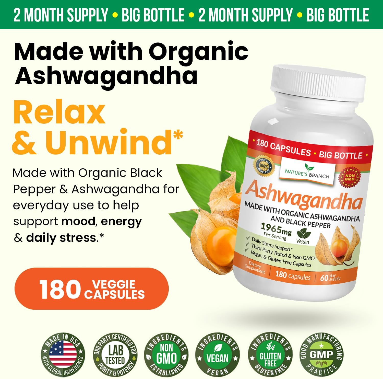 UDAF Certified Organic Ashwagandha with Black Pepper, 1965mg - Extra Strength for Stress, Sleep, Mood, Thyroid, Energy, Hair, Vegan Pure Root Extract Powder Supplement for Men and Women | 180 Capsules - Image 5