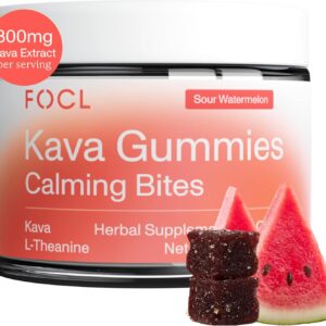 FOCL Kava Gummies Calming Bites - Calm and Relaxation Chewables with Kava Extract and L-Theanine - Plant-Based, Low-Calorie, Non-GMO Stress Gummies for Adults - Sour Watermelon, 30 Count
