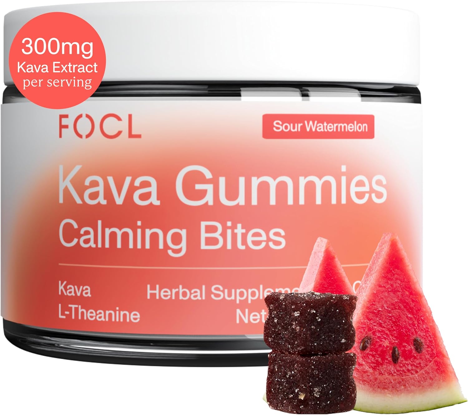 FOCL Kava Gummies Calming Bites - Calm and Relaxation Chewables with Kava Extract and L-Theanine - Plant-Based, Low-Calorie, Non-GMO Stress Gummies for Adults - Sour Watermelon, 30 Count