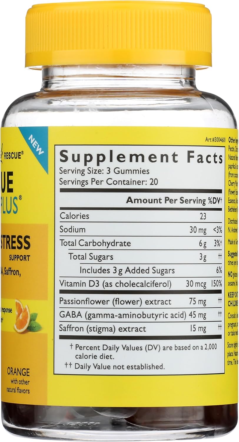 Bach Rescue Plus Mood & Stress Support Gummies, Daytime Dietary Supplement with Passionflower, GABA, Saffron & Vitamin D, Natural Orange Flavor, Vegan & Gluten-Free, 60 Count - Image 5