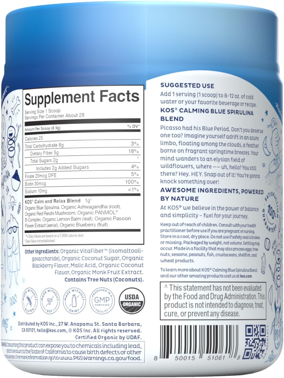 KOS Calming Blue Spirulina Blend- USDA Certified Organic - Algae Superfood Powder with Ashwagandha Root, Lemon Balm, Reishi Mushroom, B Vitamins - Berry Coconut Cooler Flavor, 28 Servings - Image 2