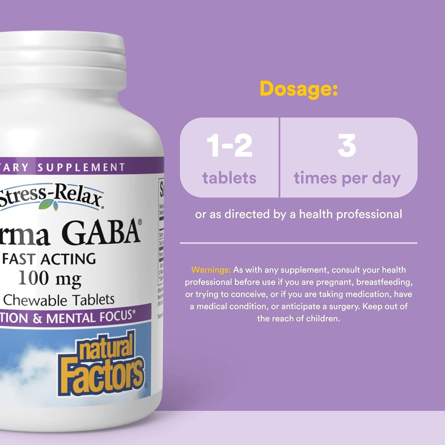 Natural Factors Pharma GABA - Dietary Supplement Supports Calm Sleep & Sleep Quality - Natural, Fast-Working Supplement Aids Focus & Brain Health - 60 Chewable Tablets (30 Servings) - Image 3
