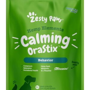 Zesty Paws OraStix for Dogs - Calming Dental Sticks for Stress with Hemp Melatonin Chamomile Dog Healthy Teeth and Gums Calm Composure for Fireworks and Thunderstorms - 12oz