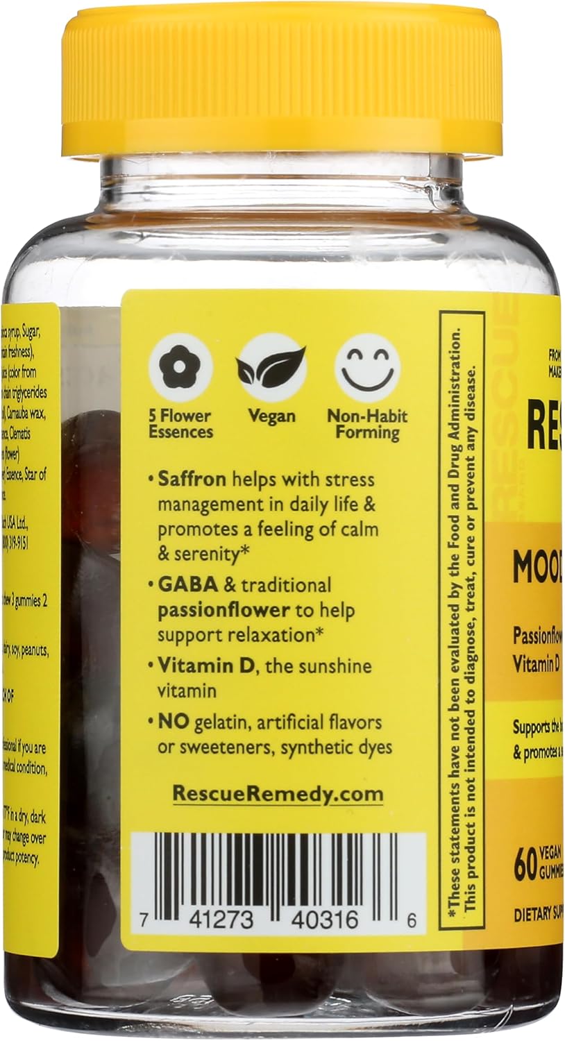 Bach Rescue Plus Mood & Stress Support Gummies, Daytime Dietary Supplement with Passionflower, GABA, Saffron & Vitamin D, Natural Orange Flavor, Vegan & Gluten-Free, 60 Count - Image 4