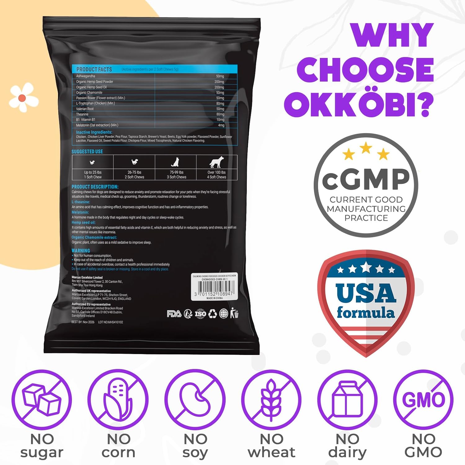 Hemp Calming Chews for Dogs Anxiety 60 pcs - Chicken Flavored - Dog Anxiety Relief - Dog Calming Chews - Melatonin for Dogs - for Stress, Travel, Check-up, Barking or Grooming - Dog Calming Treats - Image 5