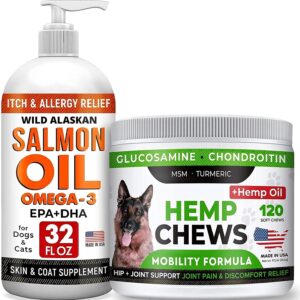 Hemp Treats and Glucosamine for Dogs + Salmon Oil Omega 3 for Dogs Bundle - Hip & Joint Supplement - Allergy Relief - Itch Relief, Shedding - Skin and Coat Supplement