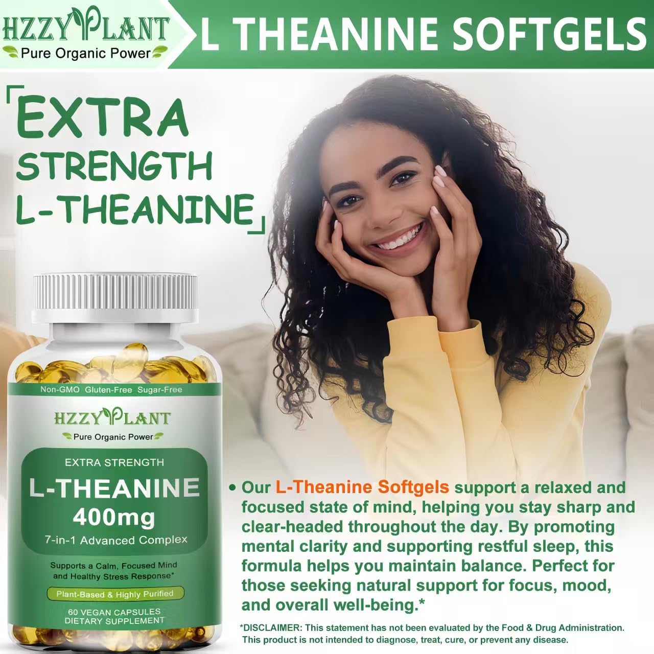 L Theanine Softgels, High Absorption L-Theanine 400 mg for Women & Men, Extra Strength L Theanine Stress Relief with Ashwagandha, Lemon Balm for Calm Focus & Mood Balance, Plant Based, Non-GMO, Vegan - Image 2