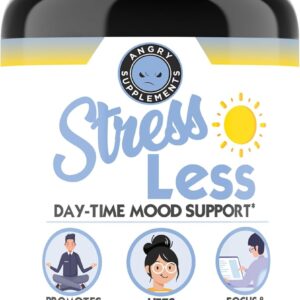 Angry Supplements Stress Less Day-Time Mood Support Pills – Natural Stress Relief with Ashwagandha, Rhodiola, L-Theanine, Magnesium & B Vitamins– Calm Focus & Mental Clarity – 60 Capsules (1-Bottle)