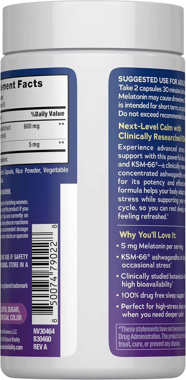 Natural Vitality Calm Sleep Melatonin and Ashwaganda KSM-66 Capsules | 100% Drug Free | 60 Count - Image 3