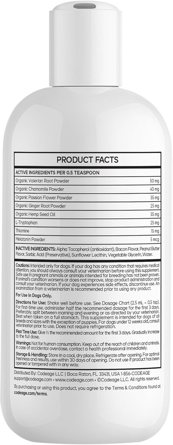 DNA PET K9 Calm+ Liquid Supplement for Dogs – Botanical Blend with Valerian Root, Chamomile, Passion Flower & Hemp Seed Oil – Thiamine & Melatonin - Bacon & Peanut Butter Flavor – 8 fl oz - Image 3