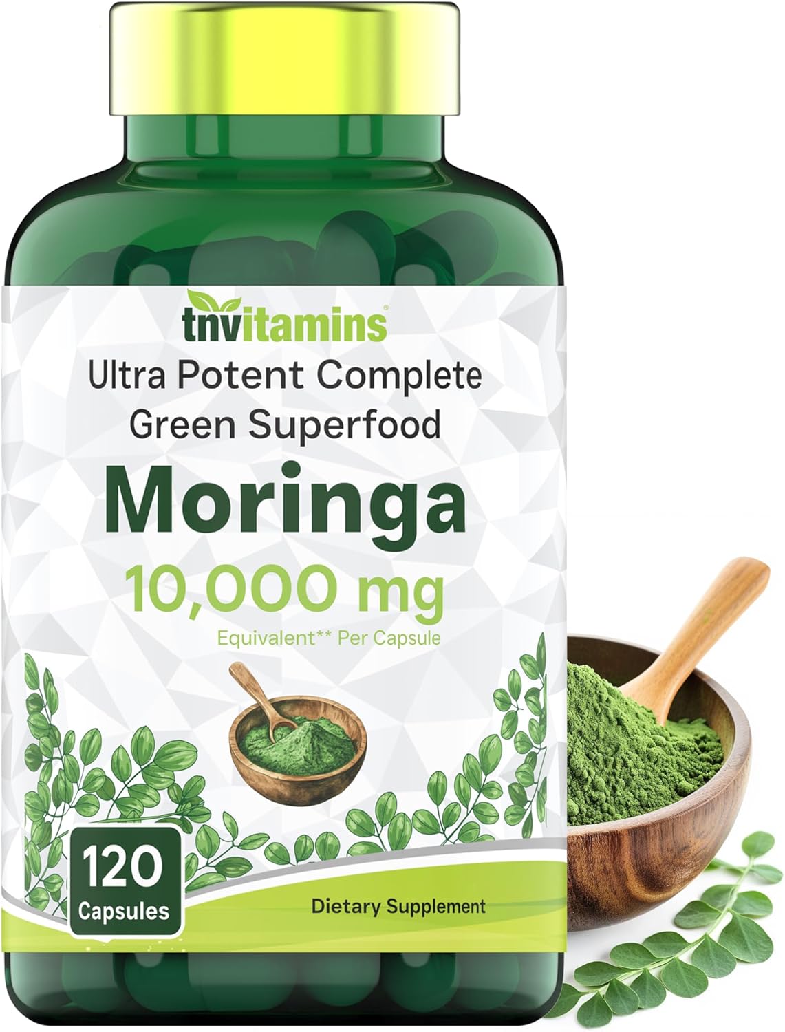 tnvitamins Moringa Capsules 10,000 mg - 120 Capsules | High Potency Moringa Leaf Extract Superfood Supplement for Energy, Vitality & Antioxidant Support