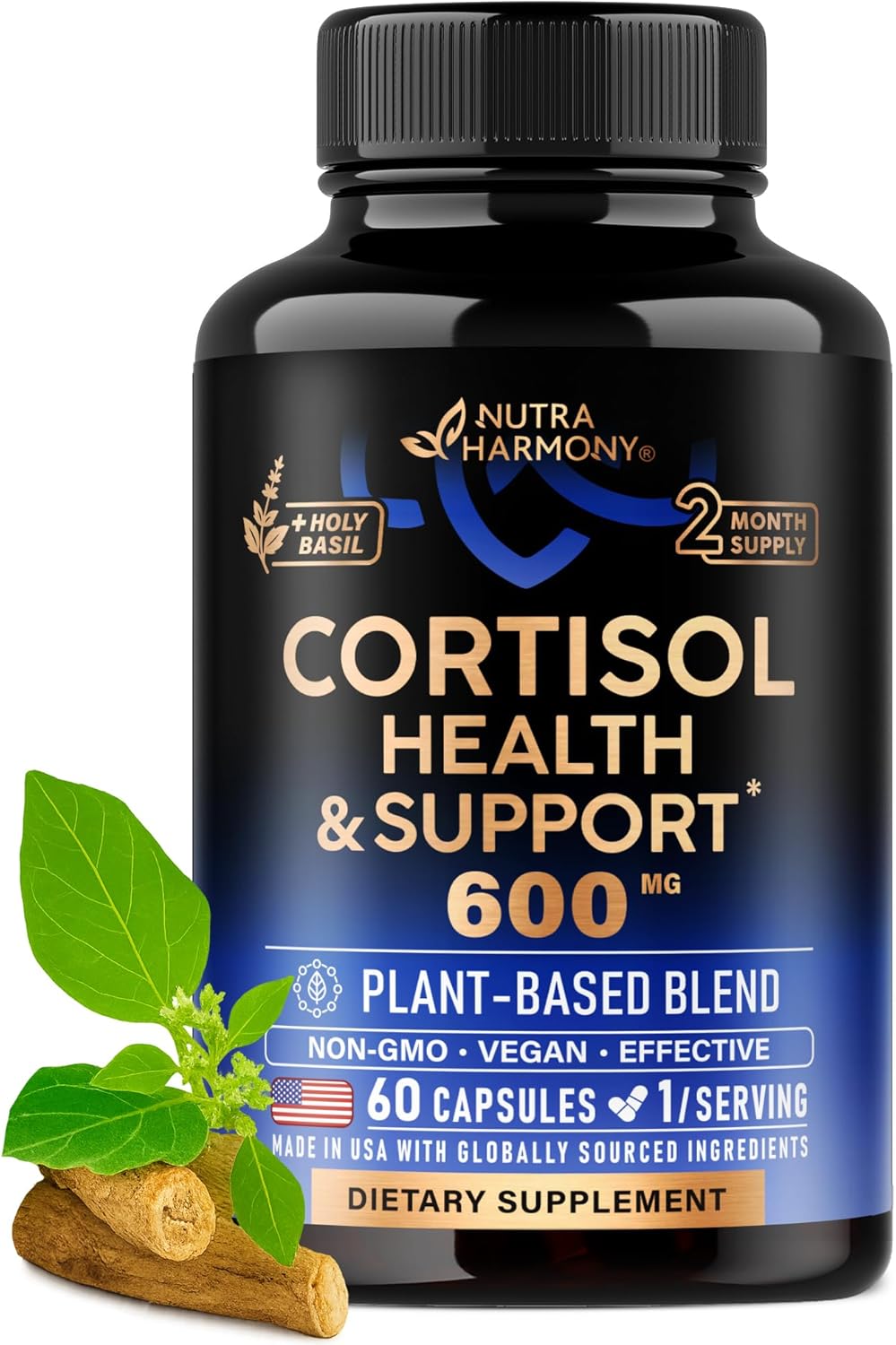 Cortisol Supplement for Women - Holy Basil | Ashwagandha | Rhodiola | L-Theanine - Plant-Based Hormone Balance - Mood, Focus & Sleep Support - Made in USA - Vegan, Non-GMO - 60 Capsules for 2 Months