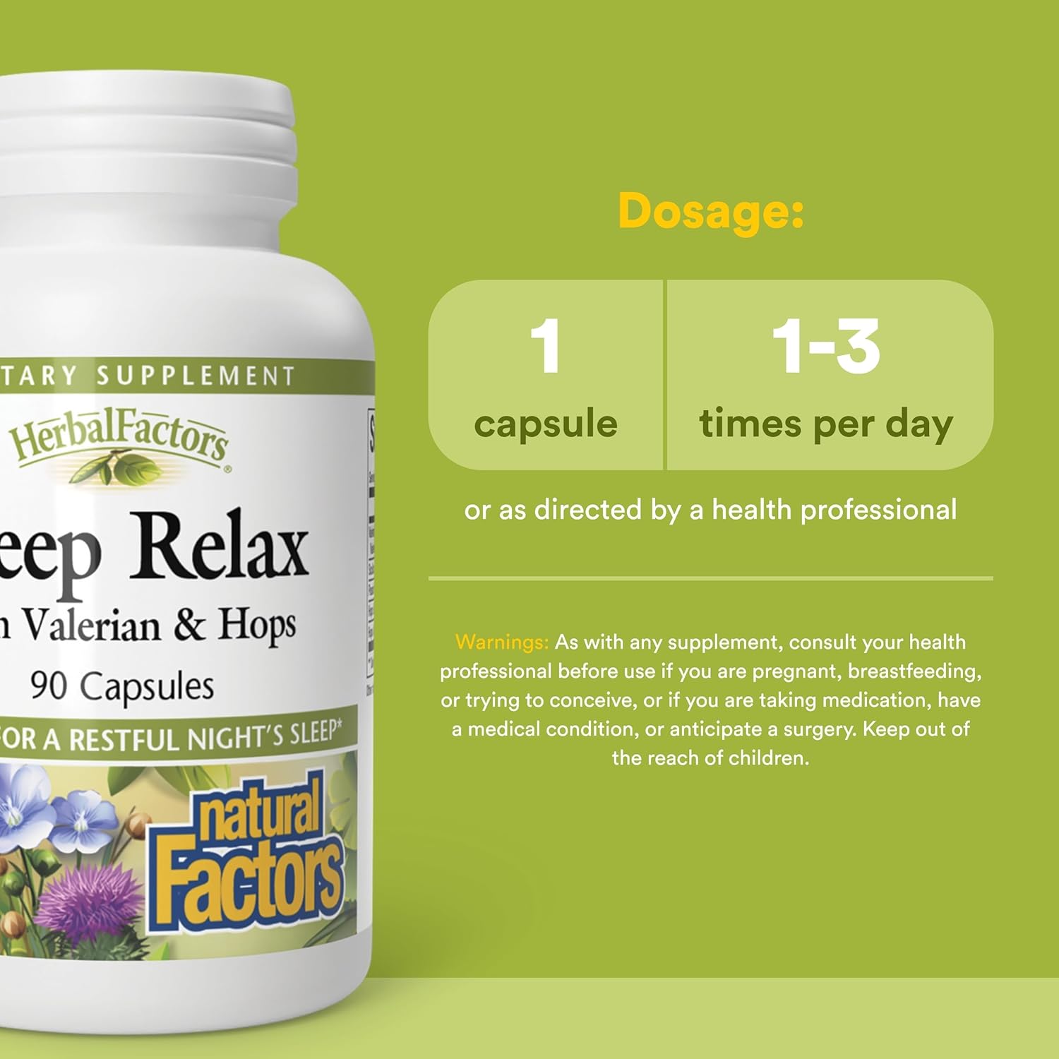 Herbal Factors Sleep Relax Formula by Natural Factors, Natural Sleep Aid with Valerian Root, Passion Flower and Skullcap, Non-GMO, 90 capsules (90 servings) - Image 3