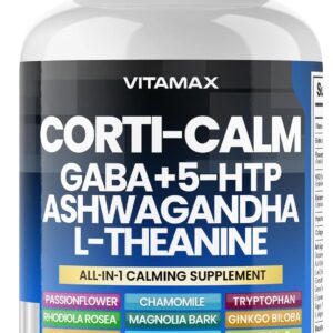 Corti-Calm Cortisol Supplement, L Theanine, Ashwagandha, Vitamin D 3, GABA for Relaxation, Fatigue & Focus with Ginkgo Biloba, Bacopa Monnieri, 5-HTP – Non-GMO, Made in USA – 60ct