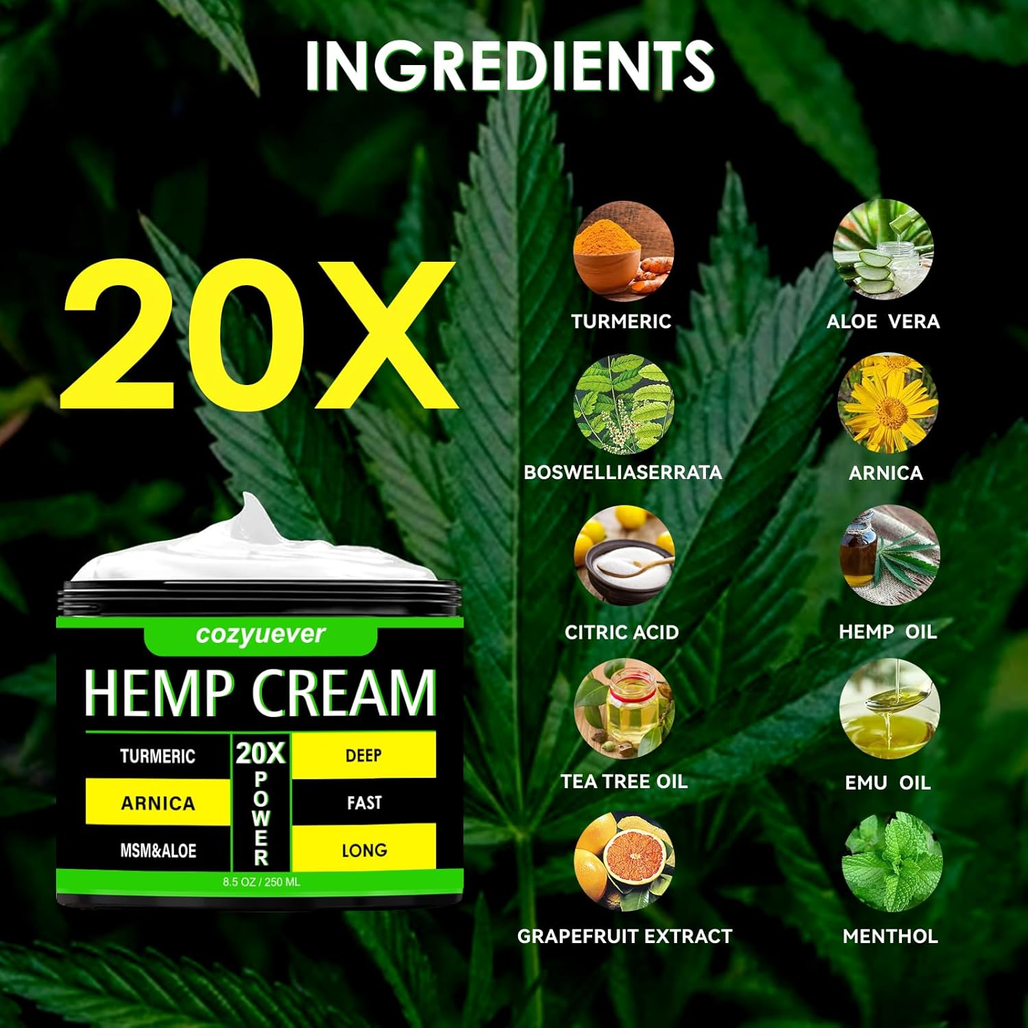 8.5 Oz Hemp Cream with Arnica, Menthol, Aloe, Emu Oil, Turmeric - Image 2