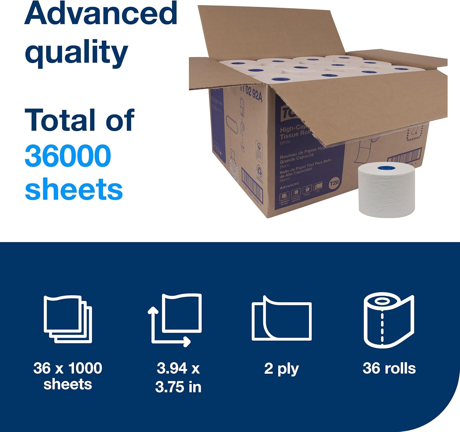 Tork High-Capacity Toilet Paper Roll White T26, Advanced, 2-Ply, 36 x 1000 sheets, 110292A - Image 2