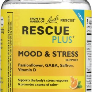 Bach Rescue Plus Mood & Stress Support Gummies, Daytime Dietary Supplement with Passionflower, GABA, Saffron & Vitamin D, Natural Orange Flavor, Vegan & Gluten-Free, 60 Count