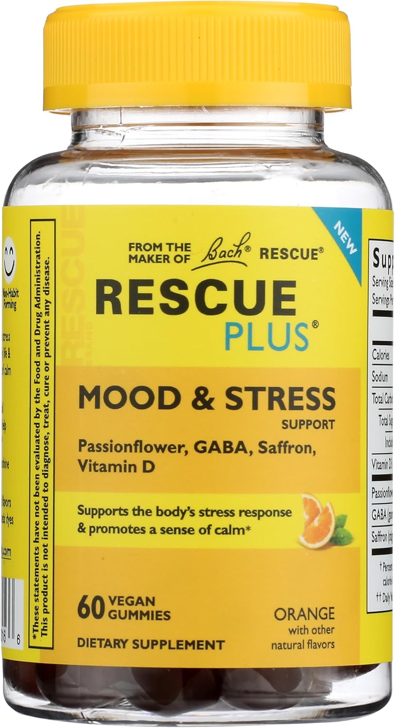 Bach Rescue Plus Mood & Stress Support Gummies, Daytime Dietary Supplement with Passionflower, GABA, Saffron & Vitamin D, Natural Orange Flavor, Vegan & Gluten-Free, 60 Count