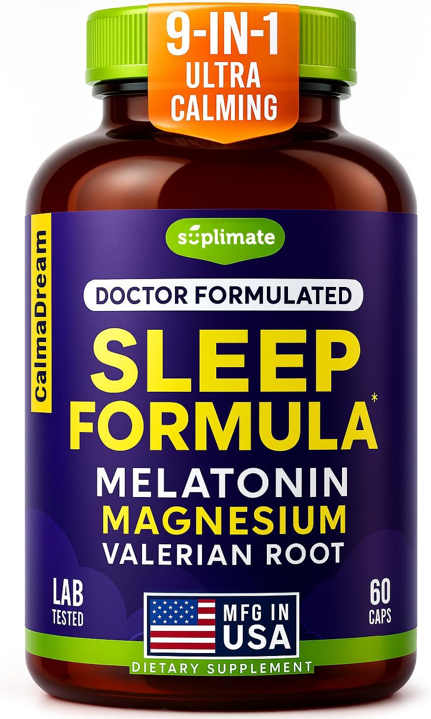 9-in-1 Melatonin Sleep Aid for Adults - USA Made, Lab Tested with Melatonin 5mg and 108mg Magnesium for Sleep - TRAACS, Ashwagandha, Valerian Root, GABA, 5HTP, Herbal Sleep Supplement, Vegan, 60 Caps