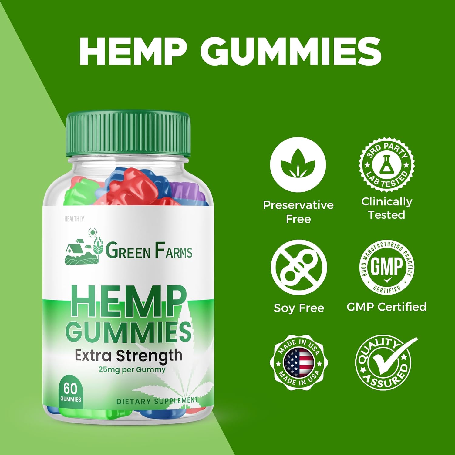 Green Farms Hemp Gummies - Official Formula - Green Farms Gummies with Hemp Extract 500 mg Extra Strength Performance Hemp Blend, Great Taste, Big Size Gummy, New 2023 1500mg Per Bottle (60 Gummies) - Image 2