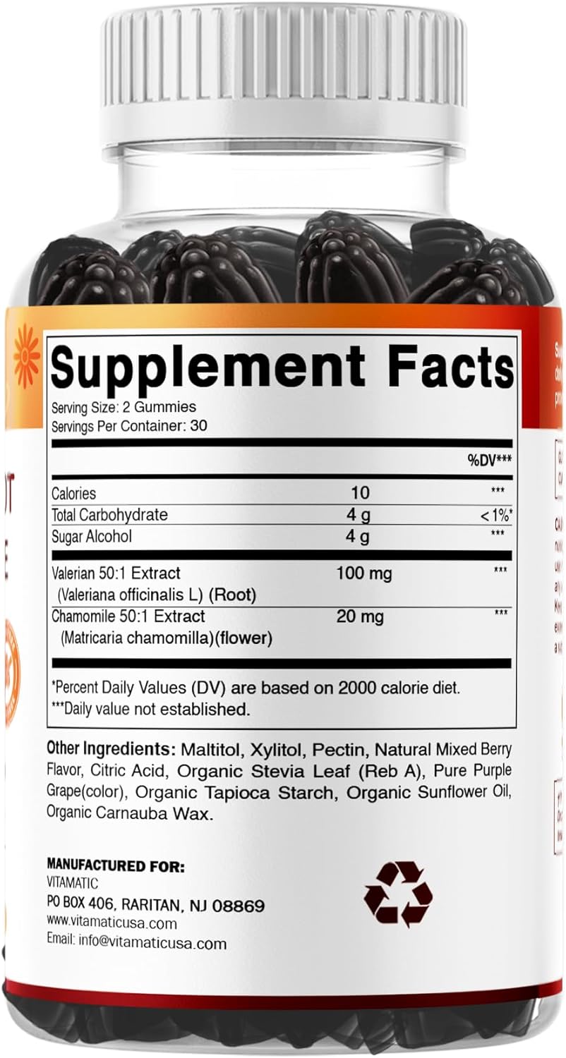 Vitamatic Valerian Root & Chamomile Gummies – Plant-Based Botanical Extract – Mixed Berry Flavor – Vegan, Non-GMO, Gluten-Free – Herbal Supplement – 60 Count - Image 8