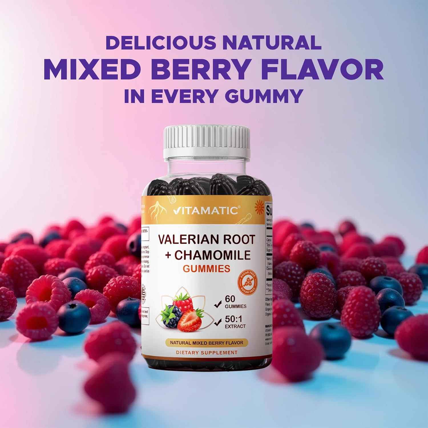 Vitamatic Valerian Root & Chamomile Gummies – Plant-Based Botanical Extract – Mixed Berry Flavor – Vegan, Non-GMO, Gluten-Free – Herbal Supplement – 60 Count - Image 5