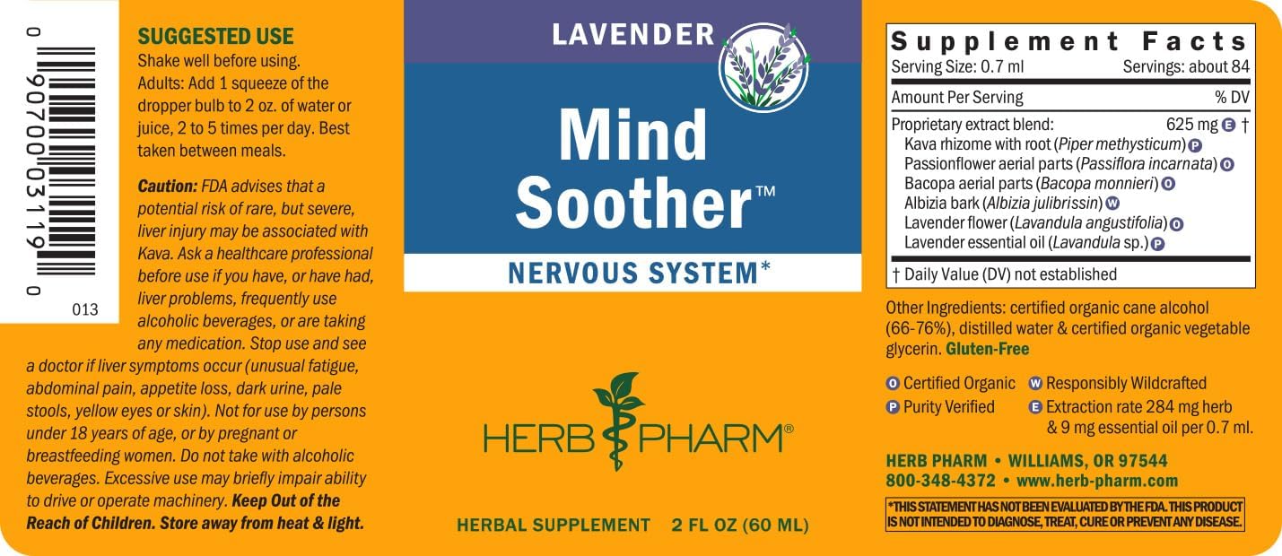 Herb Pharm Mind Soother: Lavender Liquid Herbal Formula with Noble Kava & Lavender Essential Oil for Nervous System Support, Calming & Relaxing, Vegan, Gluten-Free, Non-GMO, Up to 6 Week Supply, 2 oz - Image 7