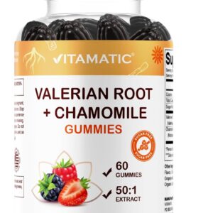 Vitamatic Valerian Root & Chamomile Gummies – Plant-Based Botanical Extract – Mixed Berry Flavor – Vegan, Non-GMO, Gluten-Free – Herbal Supplement – 60 Count